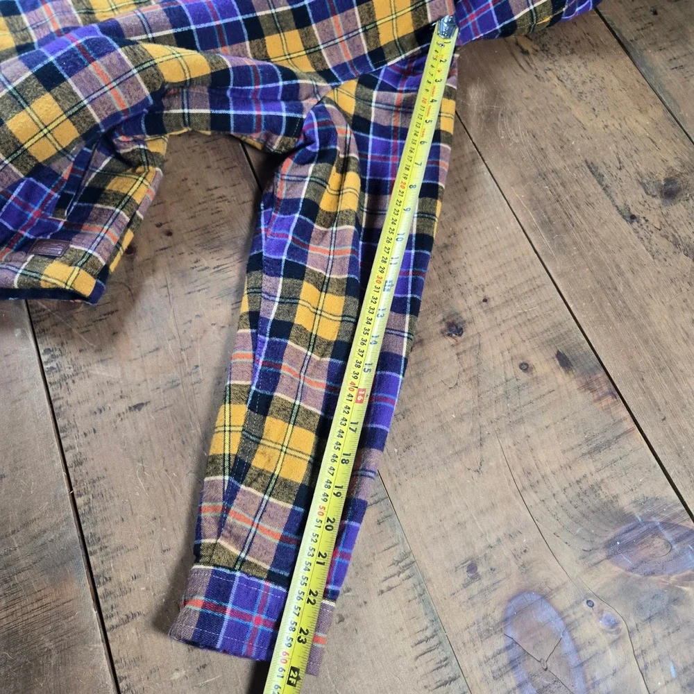 LL Bean Relaxed Fit Sherpa Lined Flannel Hoodie Purple Gold Plaid 505453 Small